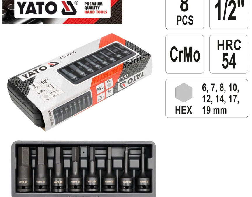 YATO YT-1066, 1/2″ impact hex  bits sockets set 8 pcs sizes6-17mm