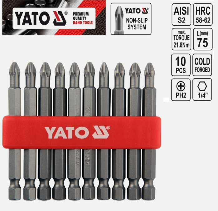 Yato YT-0480, PH2 NON SLIP SYSTEM screwdriver bits set of 10, 75mm S2 steel